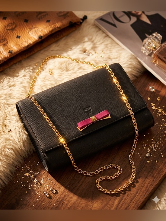MCM Handbags - MCM Mina Crossbody/wallet on chain in black/dark gray Saffiano leather BowAccent